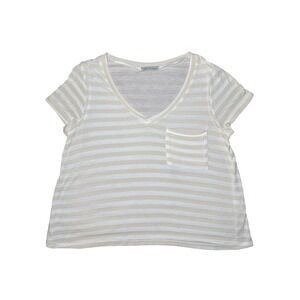Charlotte Russe Womens Medium Striped V-Neck Pocket T-Shirt Tan Cream